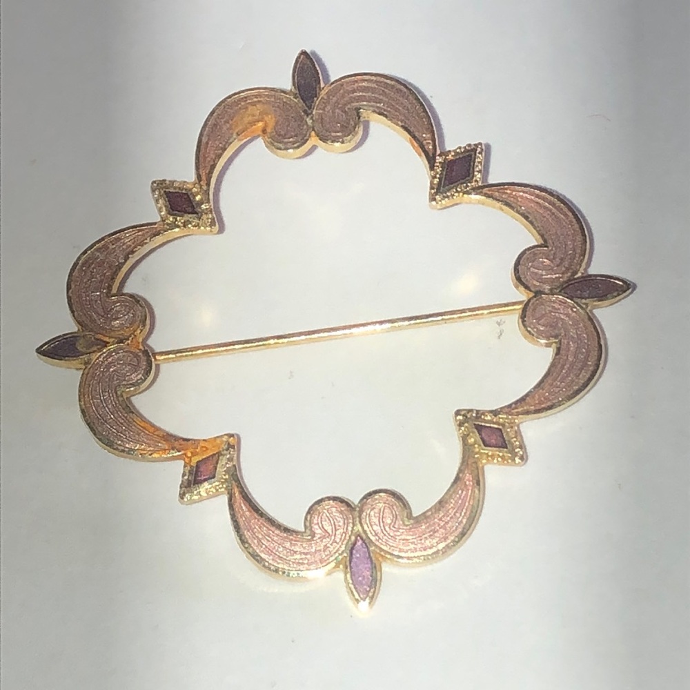 Vintage Gold Tone Pink Enamel Floral Frame Brooch